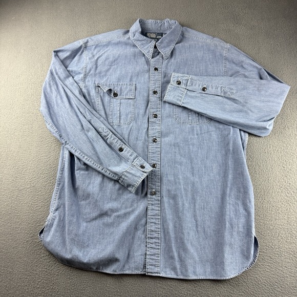 Polo Ralph Lauren Shirt Men's L Blue Donington Denim Chambray Flap Pockets West - Picture 2 of 10